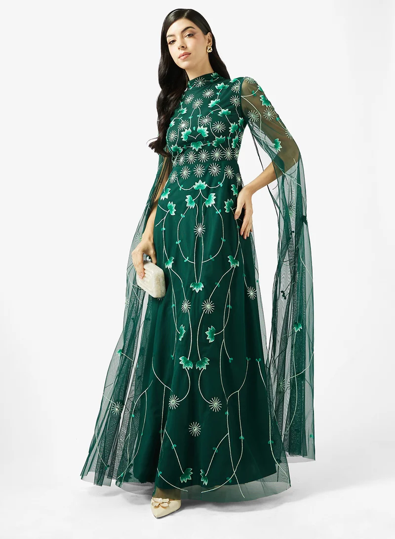 Frock And Frill  Embellished Cape Sleeve Maxi Dress for Women | Best Price UAE